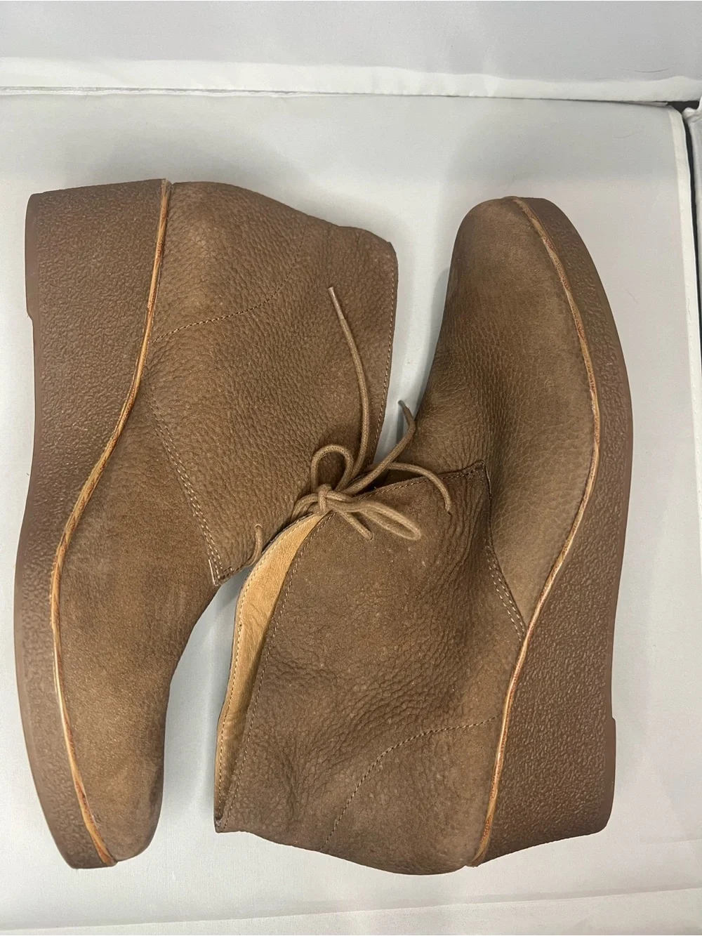 NTM: Lucky Brand Junes Leather Wedge Ankle Booties Taupe Brown Size 10M 40